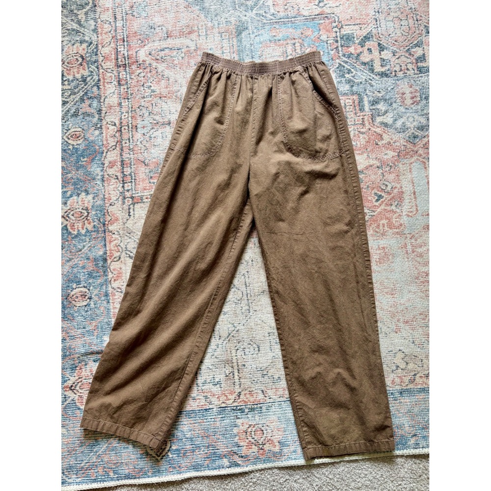 Vintage High Rise Elastic Waist Straight Leg Pants Brown Patch Pocket Trousers